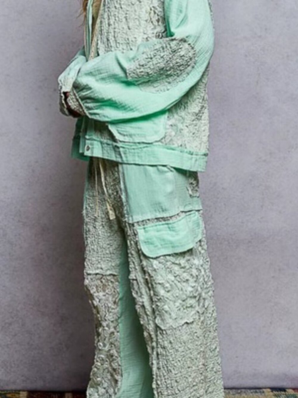 POL Mint Green Set Wide Leg Pants and Jacket with Lace Accents Size Small - Picture 3 of 12